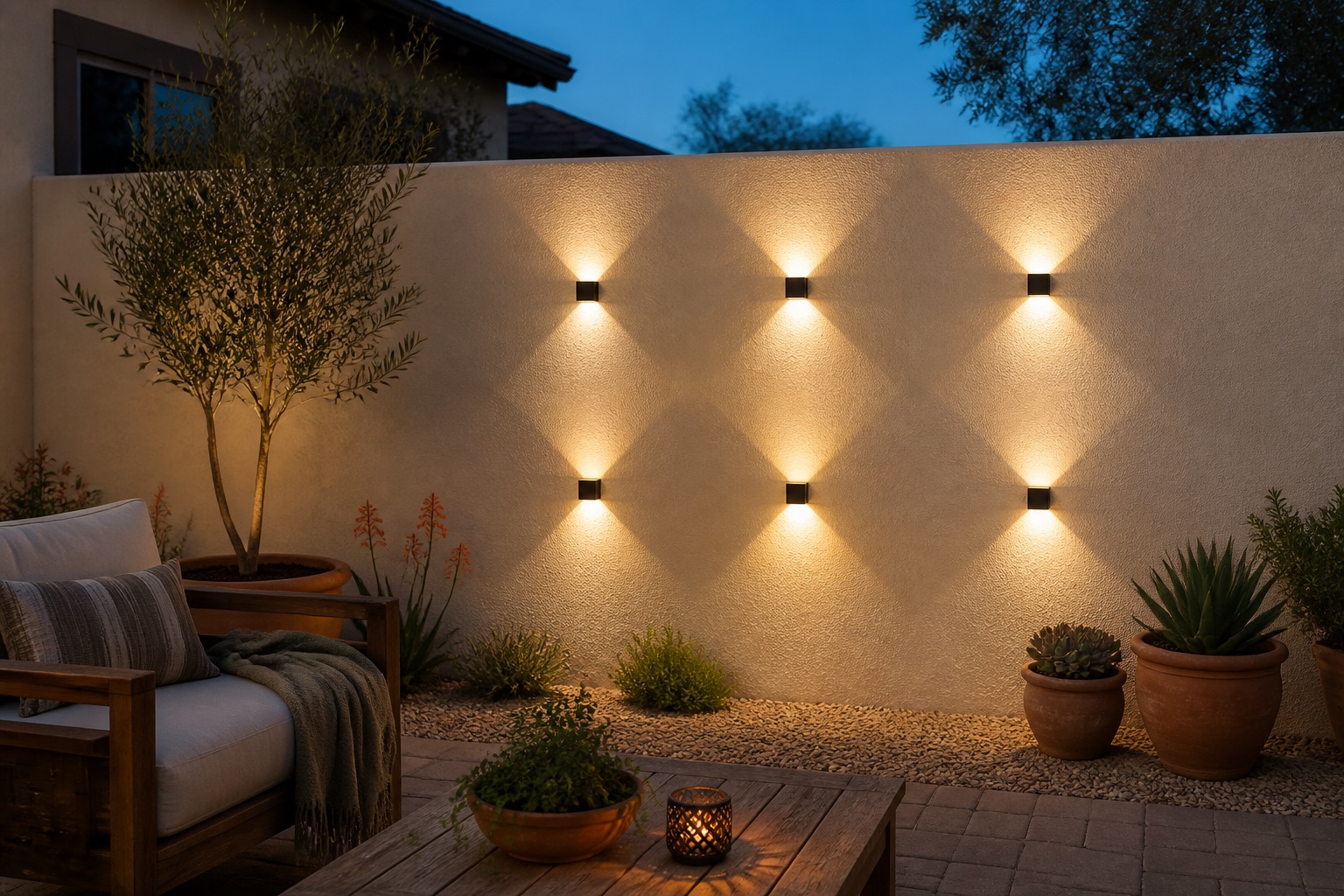 Cozy backyard at blue hour with six small black up-and-down sconces casting warm diamond-shaped light across a cream stucco wall