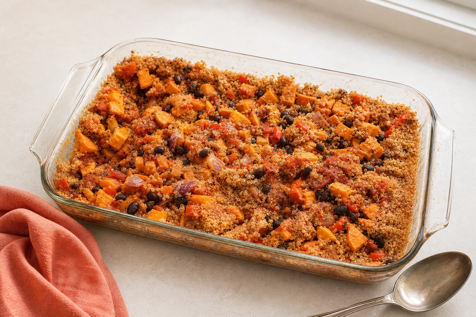 Black bean, sweet potato, and quinoa bake in a glass baking dish